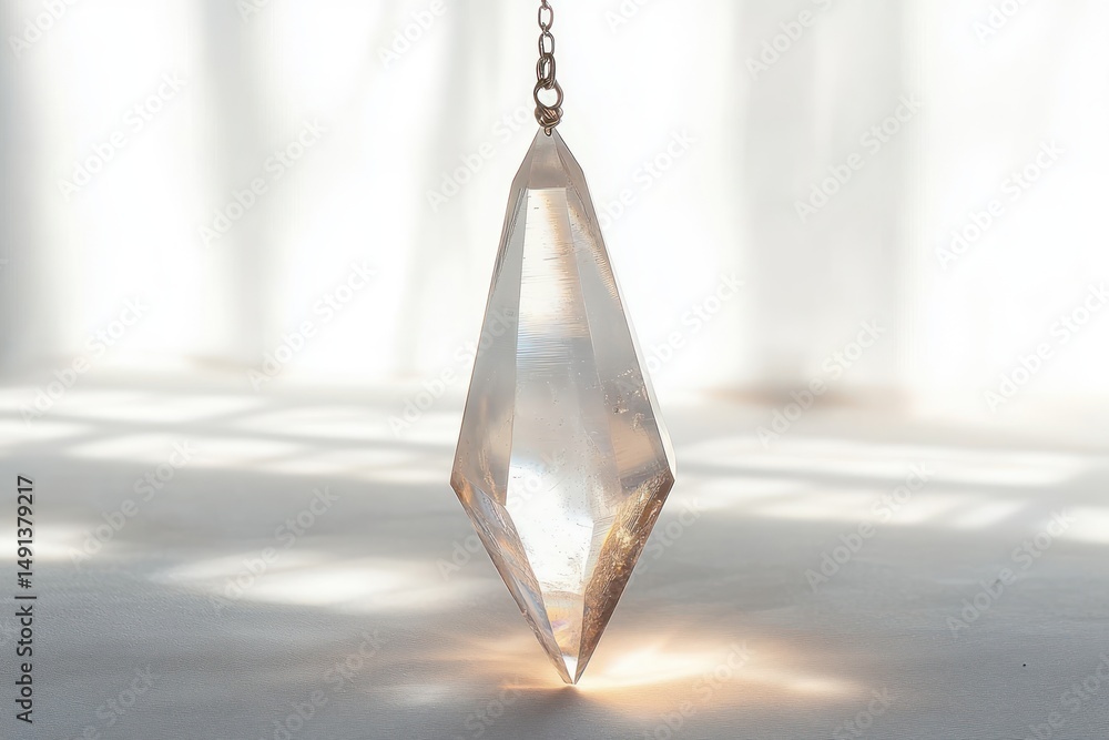 Poster clear crystal prism pendant hanging from a delicate chain with sunlight casting soft reflections and
