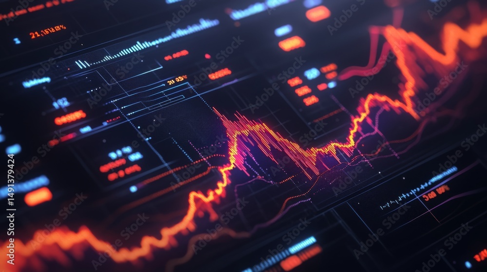 Poster a set of colorful d financial graphs showing stock performance and business growth, set against a da