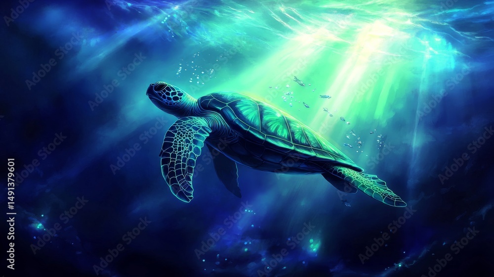Poster A striking image of a sea turtle diving deep into the ocean, with rays of sunlight breaking through the water surface, creating a mesmerizing underwater scene.
