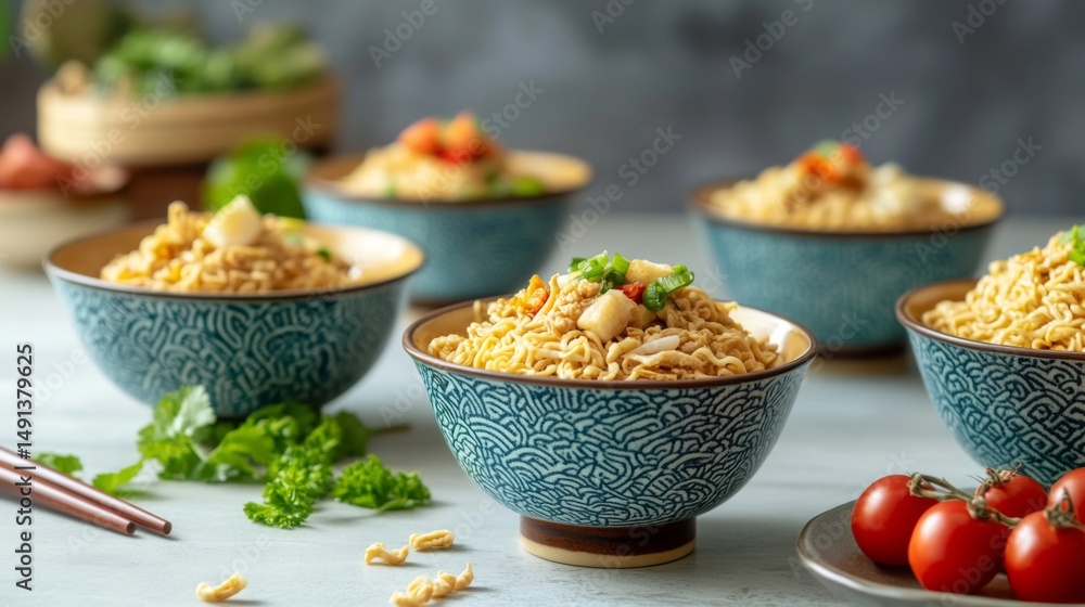 Poster a stylish shot of instant noodles arranged on a table, with a soft focus on the background, showcasi