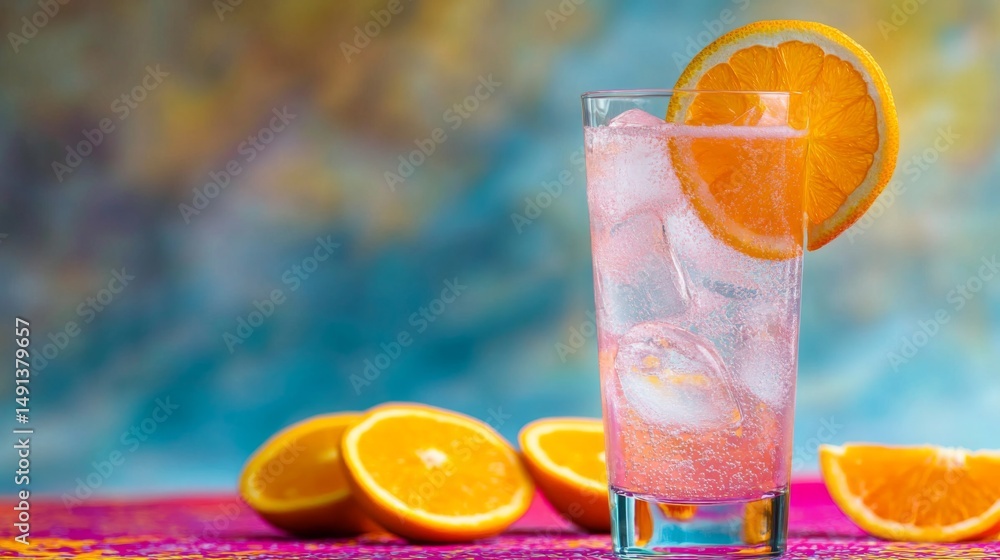 Poster a tall glass of bright soda with a slice of orange and ice, placed on a vibrant tablecloth, creating