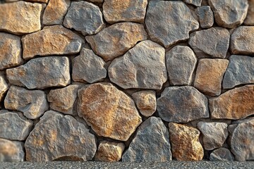 close-up of an irregular natural stone wall with rough textured brown and gray rocks tightly fitted together