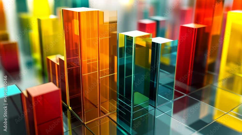 Aufkleber multiple colorful d bars on a transparent glass platform, representing financial success and rising 