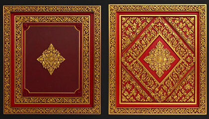 two large, ornate scrolls with intricate designs featuring a repeating pattern of gold accents on a deep red background. they are displayed side by side, one slightly overlapping the other