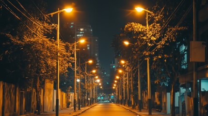 Rows of tall streetlights lighting up a suburban street at night, with soft orange hues creating a warm and quiet evening mood.