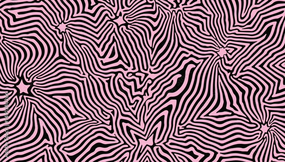 Aufkleber abstract pattern of wavy black lines on a pink background, capturing the trendy psychedelic and neo-