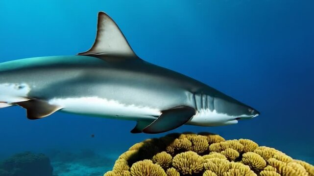 Great white shark swimming near coral reef in clear blue waters