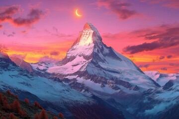 Snow-covered sharp mountain peak at sunset with a crescent moon in a colorful, vibrant sky above a forested valley