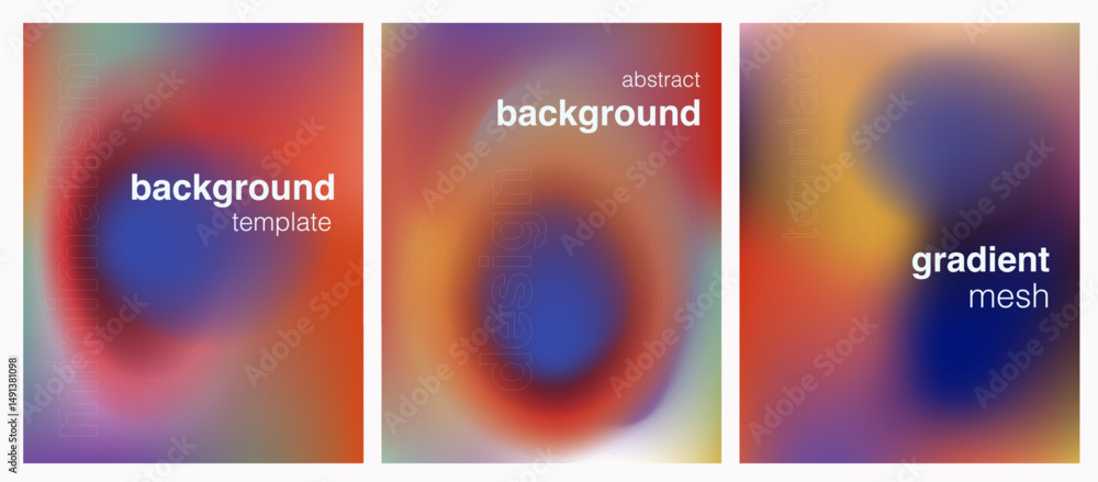 Fototapete Three modern vector templates with smooth abstract gradient mesh backgrounds, featuring rich blends of blue, red, and yellow. Ideal for stylish presentations or digital design projects.
