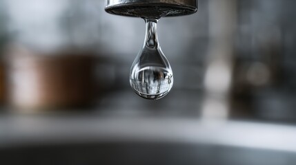 Close-up view of a water droplet hanging from a faucet.