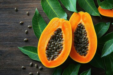Two halves of ripe papaya fruit with seeds surrounded by green leaves on a wooden surface