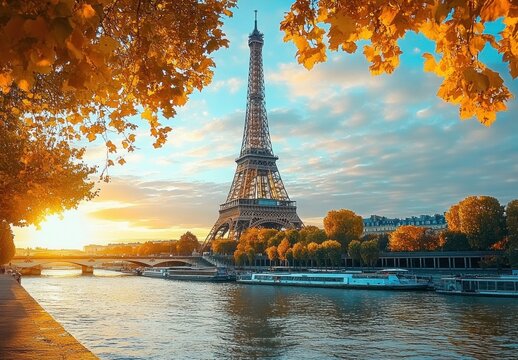 Sunset view of a tall iron tower along a river surrounded by autumn trees with golden leaves and partly cloudy sky