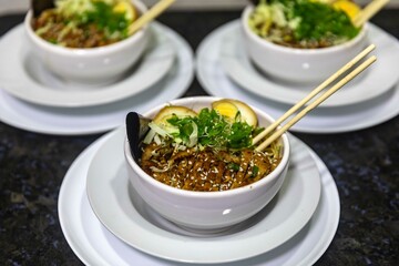 Traditional Japanese ramen or ramen with vegetable broth, grilled pork, oriental noodles and classic Japanese cuisine spices
