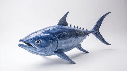 Fototapeta premium Blue ceramic tuna sculpture isolated on white background.