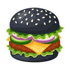 Bright cartoon-style vector burger with a black sesame bun, beef patty, cheese, lettuce, cucumber, and onion. Trendy and delicious fast food illustration. Isolated on a white background.