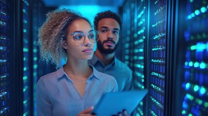 Two focused young professionals working in a dimly lit server room surrounded by glowing data racks and blue LED lights, analyzing network information on a digital tablet