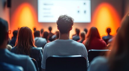 Audience of people attentively watching a presentation or lecture in a dimly lit room with orange background lighting