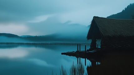 Fototapeta premium Quiet cottage by serene lake at dawn