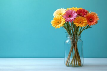 Bright colorful gerbera daisies in yellow, pink, red, and orange arranged in a clear glass jar vase on a light wooden surface with a turquoise background