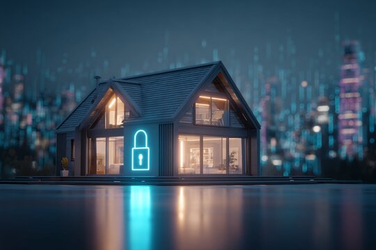 Night Image of Modern House with Illuminated Padlock Icon
