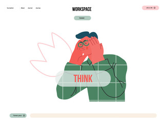Thinking people, modern flat vector concept illustration- man standing thoughtfully, looking sideways, bubble near his head Metaphor for reflection, analysis, introspection, contemplation, deep