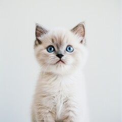 Cute kitten with big blue eyes.  A fluffy, light beige kitten with striking blue eyes stares directly at the viewer.  Soft lighting enhances the kitten's delicate features