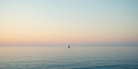 Obraz premium Minimalist seascape with calm water and pastel sky at sunset, lone buoy floating in the center of tranquil ocean horizon, peaceful and serene nature photo