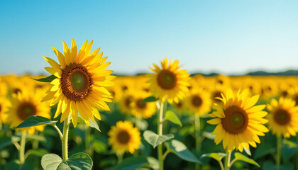 Fototapeta premium Sunflowers Field Under - Flower Field Of Sunflowers Under Blue Sky