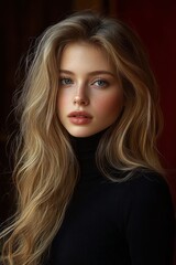 Fototapeta premium Portrait of a young woman with long wavy blonde hair, light freckles, and blue eyes wearing a black turtleneck against a dark background expressing calm and confidence