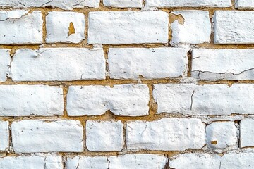 Fototapeta premium close-up of an old white painted brick wall with some paint peeling and visible rough texture on bricks and mortar