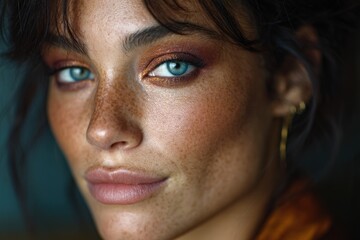 Close-up portrait of a woman with bright blue eyes and freckles looking slightly to the side
