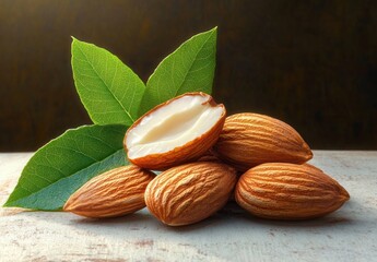 Close-up of five whole almonds and one almond split open showing the creamy white interior with three green leaves on a rustic light surface