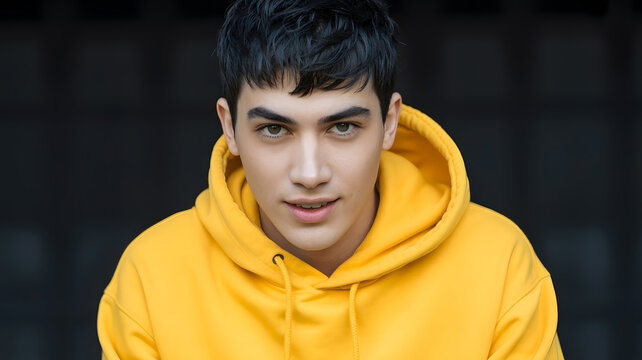 A young male model 18 to 20 years old with a vibrant yellow hoodie and short dark hair smiling in a studio portrait against a dark backdrop
