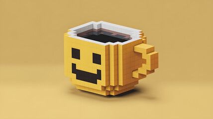 3d voxel style digital artwork illustration of a yellow coffee cup with a happy face isolated against a solid background