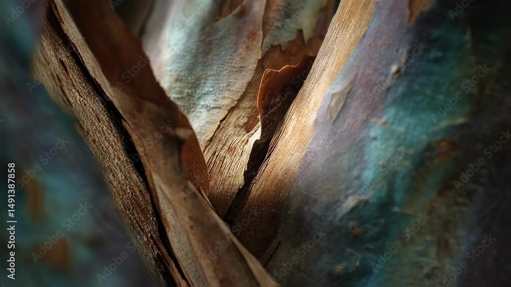 Poster closeup shot of tree trunks with iridescent bark exhibiting fractal designs as sunlight filters thro