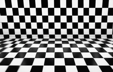 A black and white checkered pattern covering the floor and wall with a wavy distortion effect creating a surreal optical illusion
