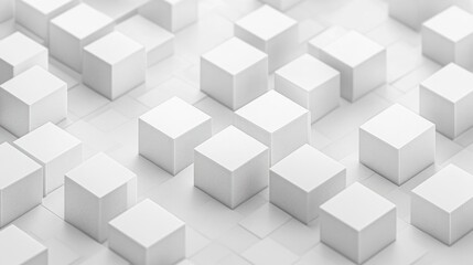 Obraz premium Minimalist arrangement of white 3D cubes creating a geometric pattern with soft shadowing and depth, evoking a clean and futuristic aesthetic