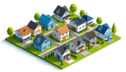 Suburban neighborhood isometric view.