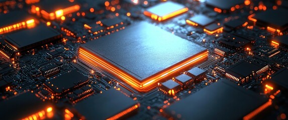 Close-up view of a futuristic circuit board with a large central microchip surrounded by smaller components emitting orange glowing light