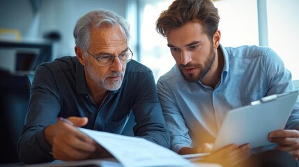 An older man with glasses and a younger man closely examining documents together in a bright office, showing collaboration and focus