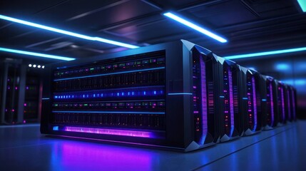 Row of modern high-tech data servers illuminated with blue and purple neon lights in a futuristic data center room