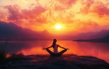 Woman meditating in lotus pose on rocky cliff overlooking calm lake during a vibrant orange and pink sunset surrounded by mountains