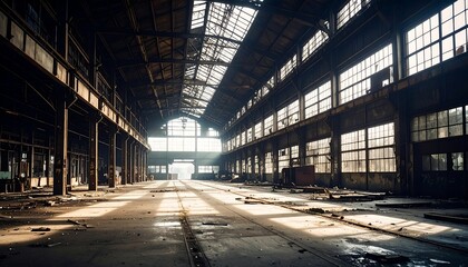 Sunlit Abandoned Factory Interior.