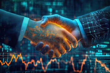 Two business people shaking hands with digital data and glowing orange graphical overlays symbolizing technology and financial growth