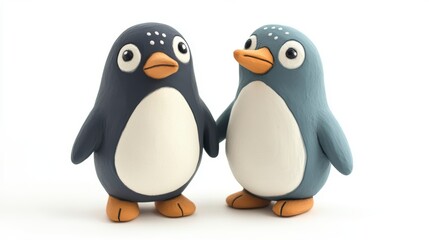 Fototapeta premium Two adorable cartoon penguins holding hands against a white background.