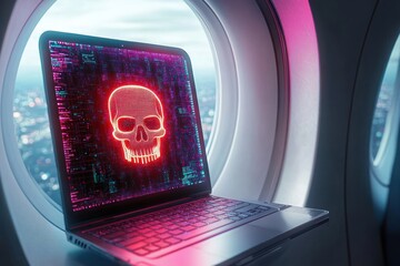 Laptop with glowing red skull symbol on screen placed on airplane window sill against cityscape background, evoking a sense of cyber threat and danger