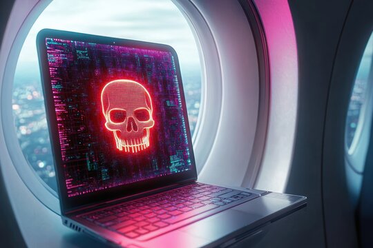 Laptop with glowing red skull symbol on screen placed on airplane window sill against cityscape background, evoking a sense of cyber threat and danger