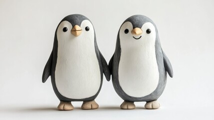 Fototapeta premium Two cute wooden penguins holding hands against a white background.