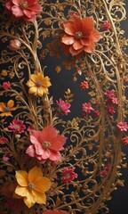 Intricate gold filigree; multicolored blossoms, rich textures, damask, metallic