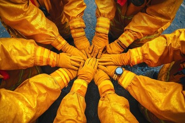 Group of firefighters dressed in yellow protective gear and gloves placing their hands together in a circle showing unity and teamwork